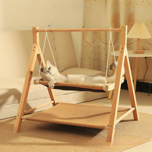 Charming Double-Decker Cat Hammock Swing Bed in Solid Wood