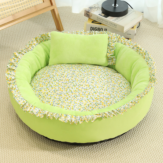 Charming Floral Cat Bed: Cozy Round Cushion with Pillow