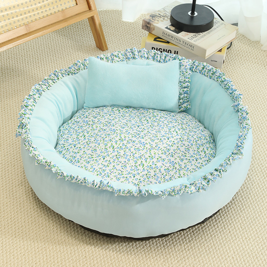 Charming Floral Cat Bed: Cozy Round Cushion with Pillow