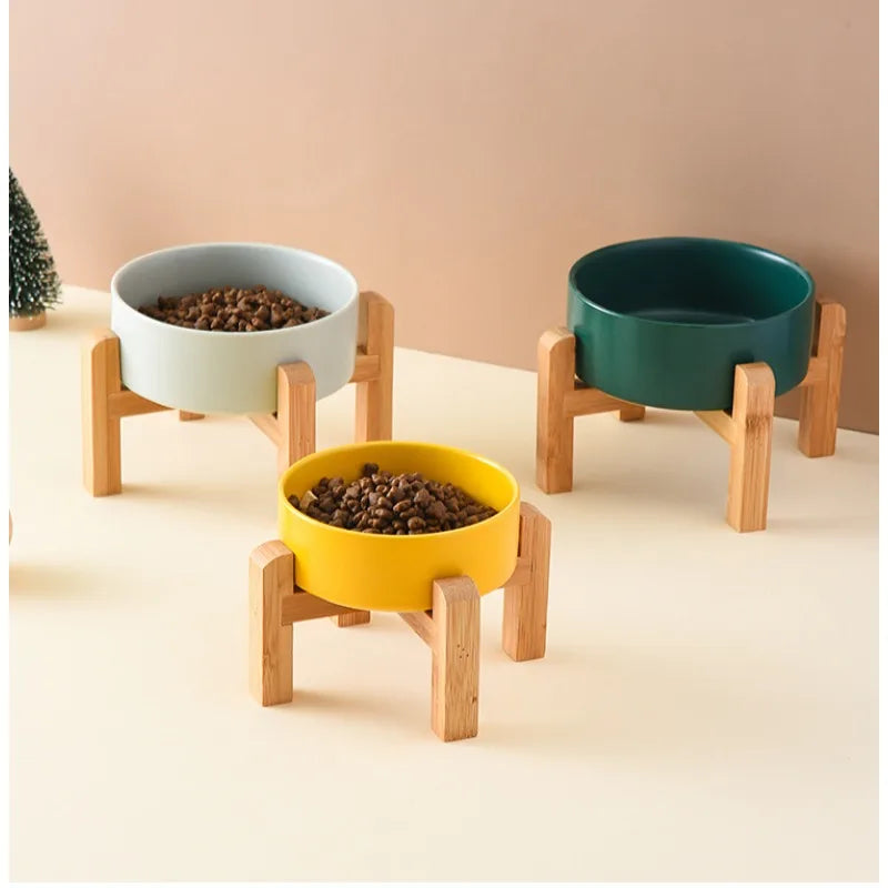 Elevated Ceramic Pet Bowl with Wooden Stand