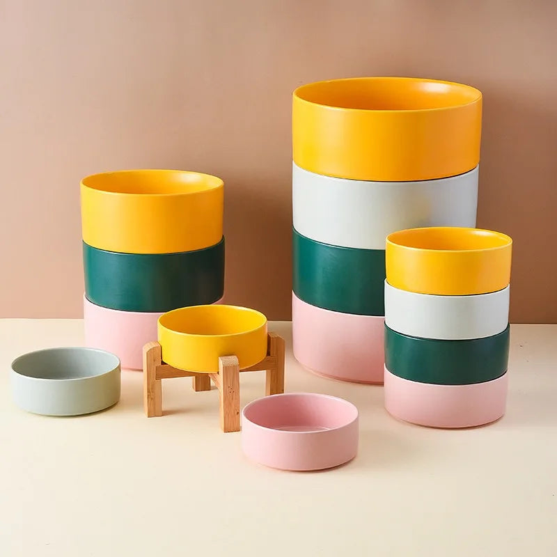 Elevated Ceramic Pet Bowl with Wooden Stand
