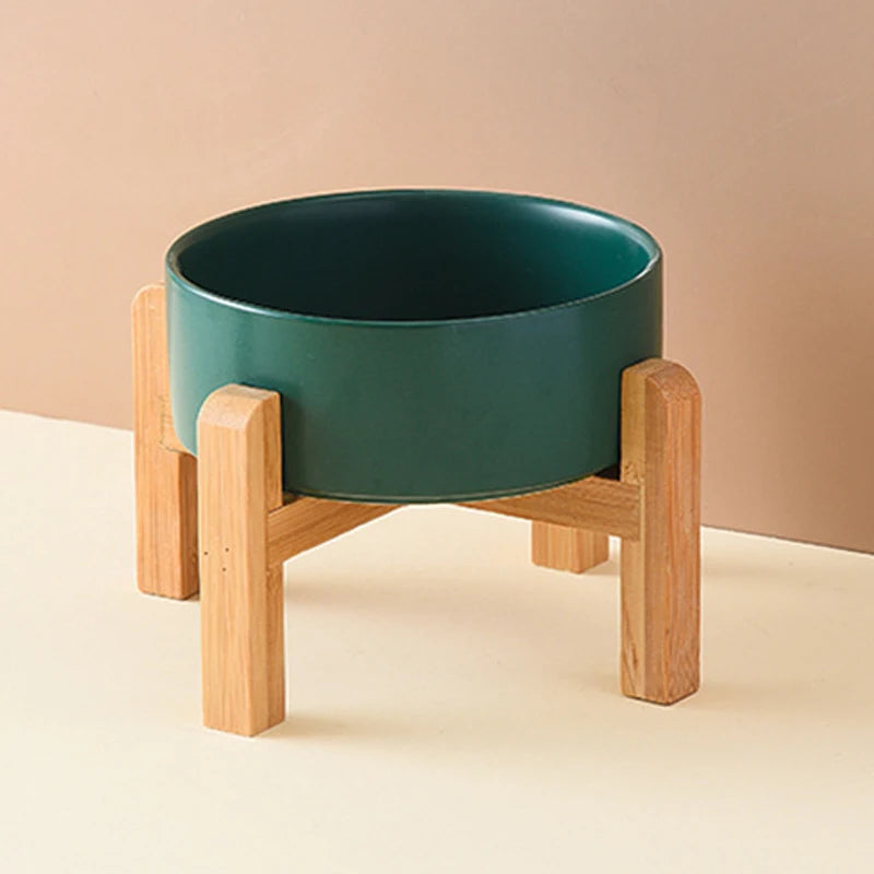 Elevated Ceramic Pet Bowl with Wooden Stand