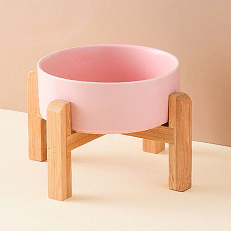 Elevated Ceramic Pet Bowl with Wooden Stand