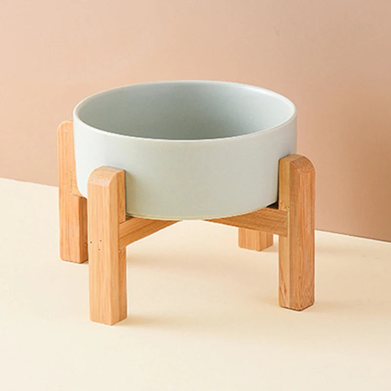 Elevated Ceramic Pet Bowl with Wooden Stand