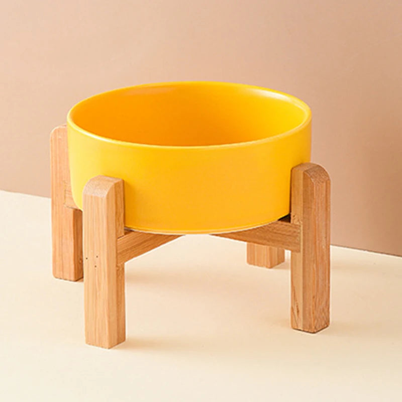 Elevated Ceramic Pet Bowl with Wooden Stand
