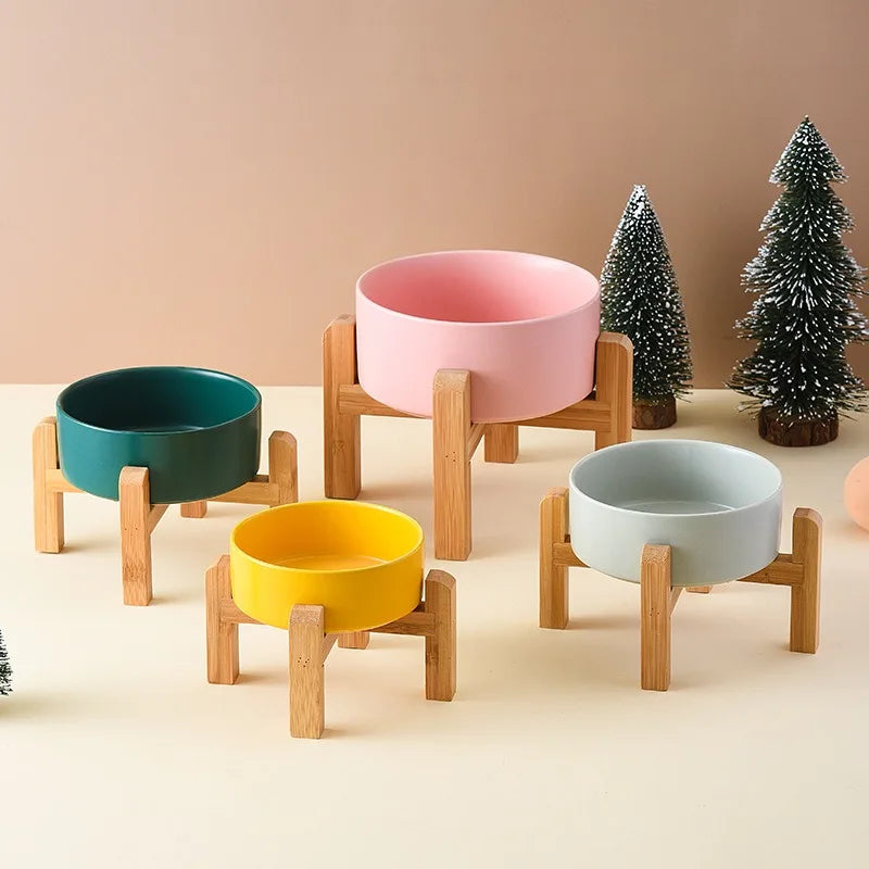 Elevated Ceramic Pet Bowl with Wooden Stand
