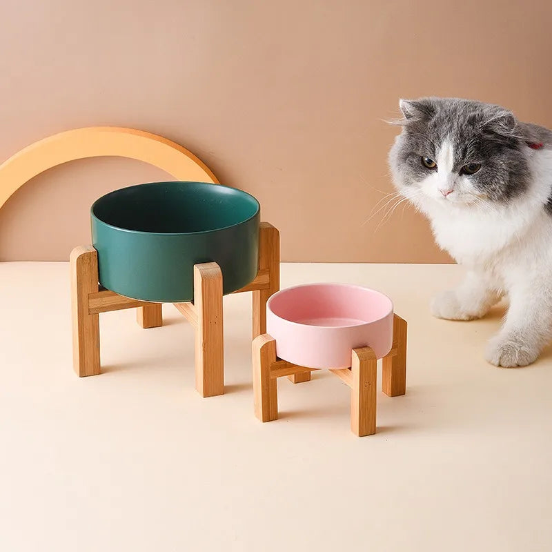 Elevated Ceramic Pet Bowl with Wooden Stand
