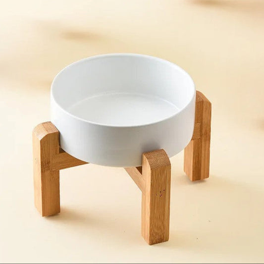 Elevated Ceramic Pet Bowl with Wooden Stand