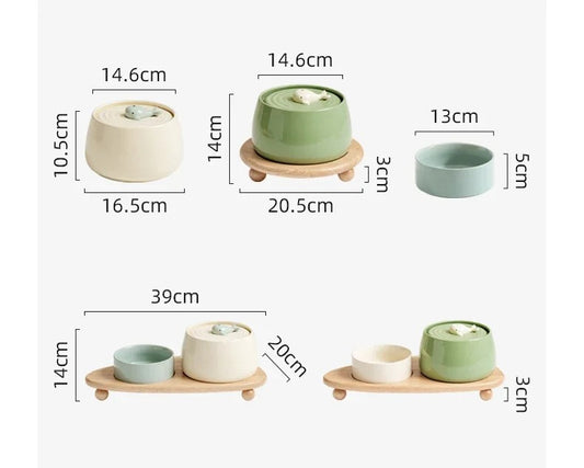 Ceramic Cat Water Fountain with Bamboo Stand