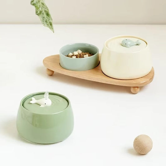 Ceramic Cat Water Fountain with Bamboo Stand