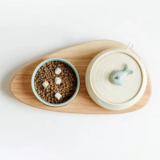 Ceramic Cat Water Fountain with Bamboo Stand