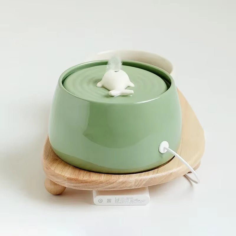 Ceramic Cat Water Fountain with Bamboo Stand