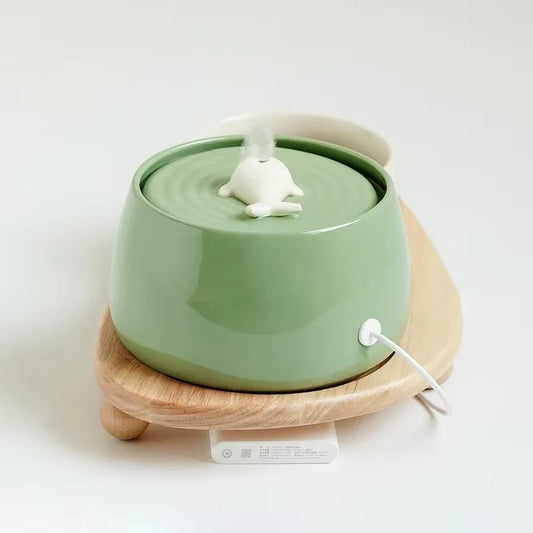 Ceramic Cat Water Fountain with Bamboo Stand
