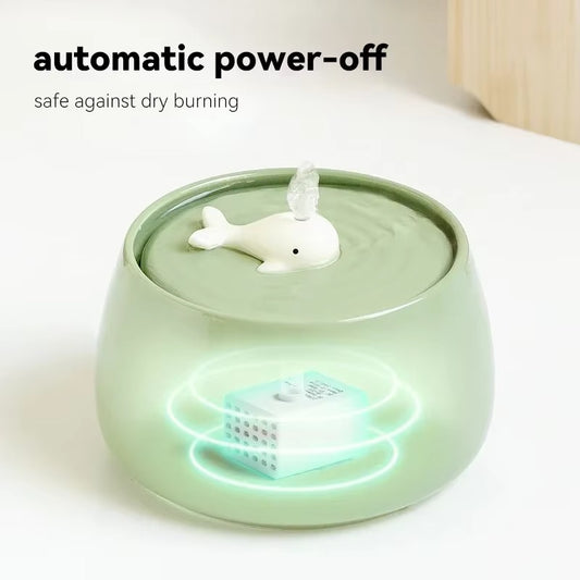 Ceramic Cat Water Fountain with Bamboo Stand