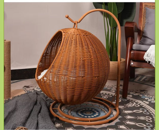 Boho Rattan Hanging Cat Hammock Bed