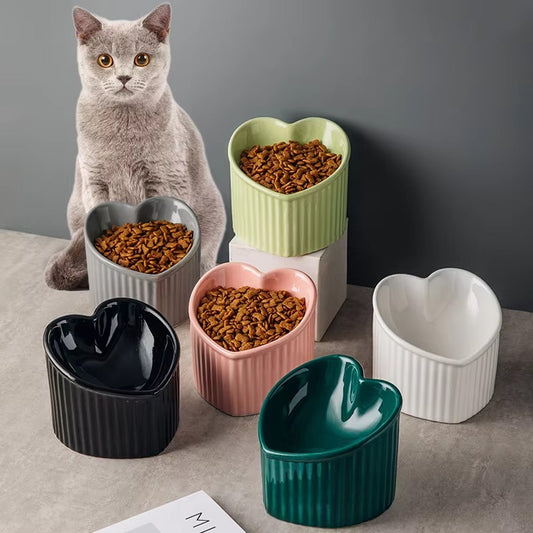 Elevated  Heart-Shaped Ceramic Cat Bowl