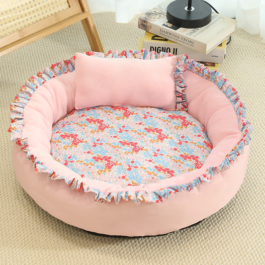 Charming Floral Cat Bed: Cozy Round Cushion with Pillow