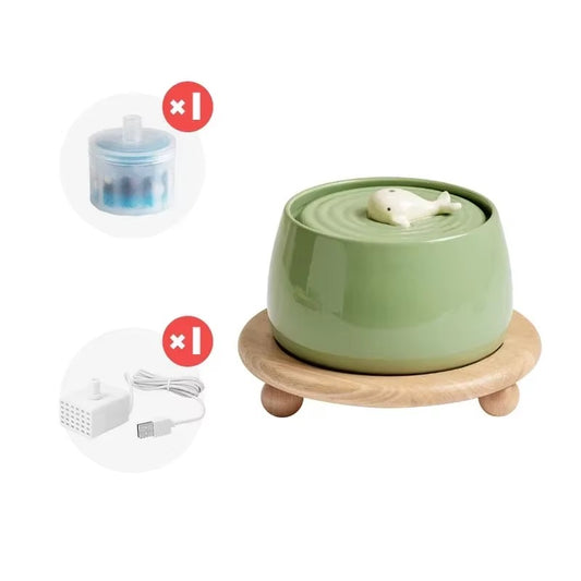 Ceramic Cat Water Fountain with Bamboo Stand