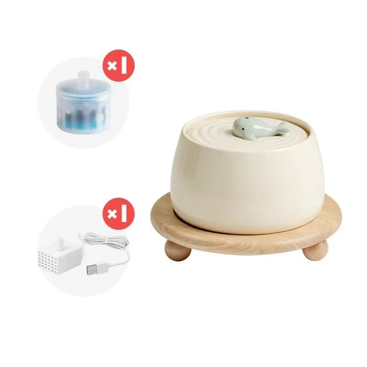 Ceramic Cat Water Fountain with Bamboo Stand